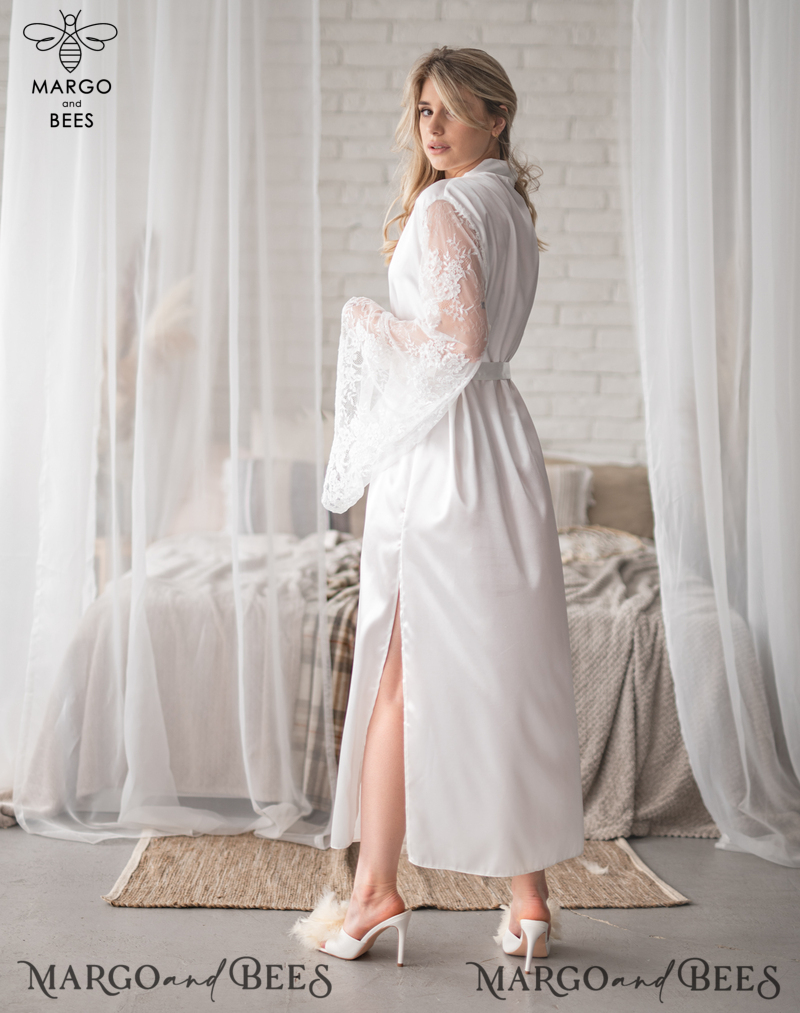 Personalised Satin Robes, Luxury Bride Dressing Gowns, Sexy Lace sleeves Wedding Robes, Get Ready Bridal Robes with name on it, Hen Party Lace Silk Robes -17
