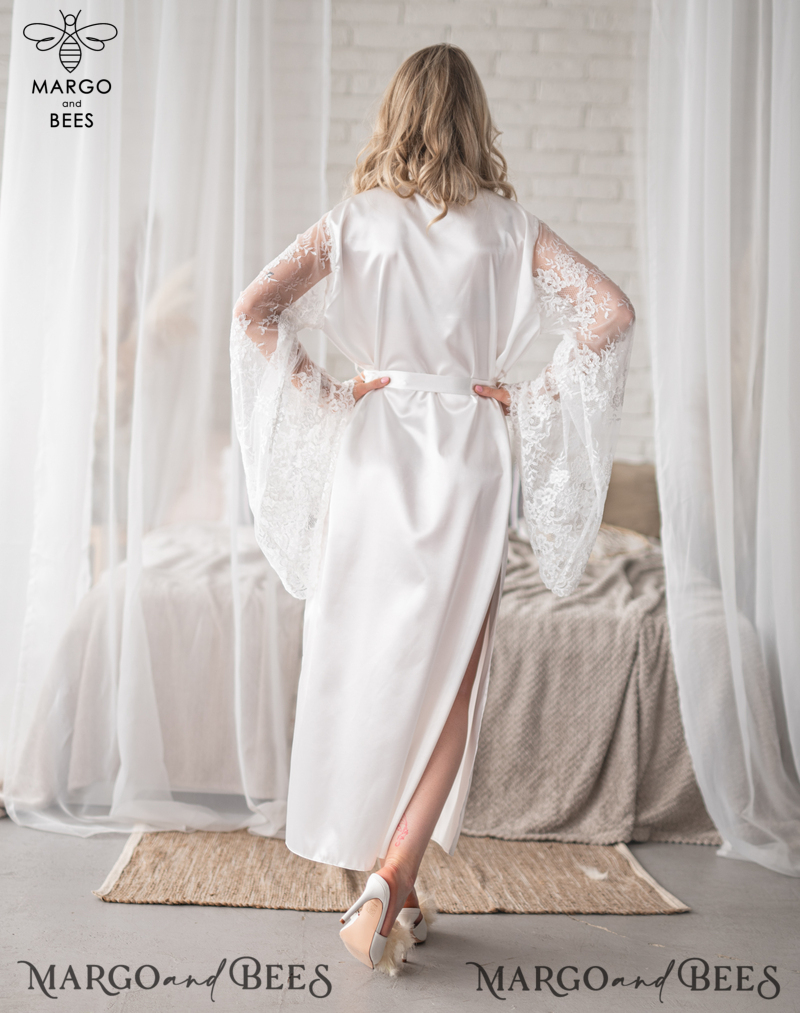 Personalised Satin Robes, Luxury Bride Dressing Gowns, Sexy Lace sleeves Wedding Robes, Get Ready Bridal Robes with name on it, Hen Party Lace Silk Robes -18