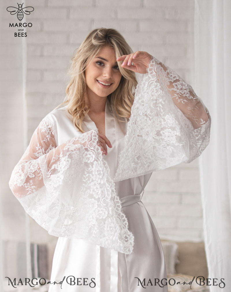Personalised Satin Robes, Luxury Bride Dressing Gowns, Sexy Lace sleeves Wedding Robes, Get Ready Bridal Robes with name on it, Hen Party Lace Silk Robes -15