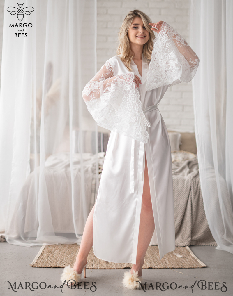 Personalised Satin Robes, Luxury Bride Dressing Gowns, Sexy Lace sleeves Wedding Robes, Get Ready Bridal Robes with name on it, Hen Party Lace Silk Robes -14