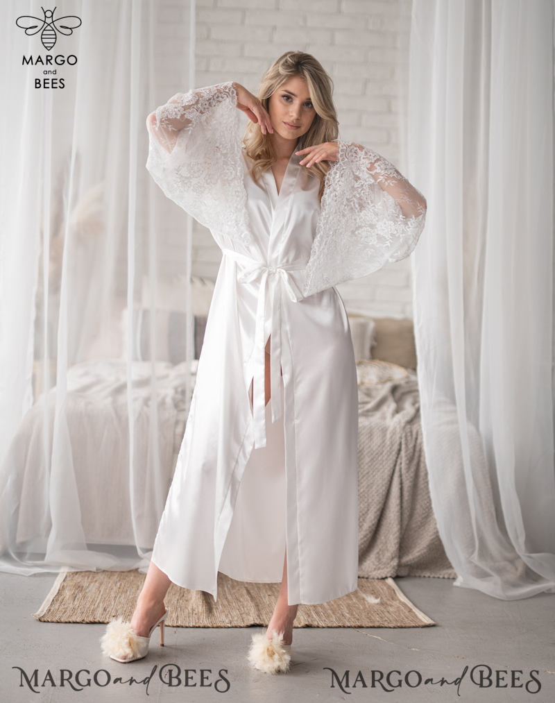 Personalised Satin Robes, Luxury Bride Dressing Gowns, Sexy Lace sleeves Wedding Robes, Get Ready Bridal Robes with name on it, Hen Party Lace Silk Robes -16