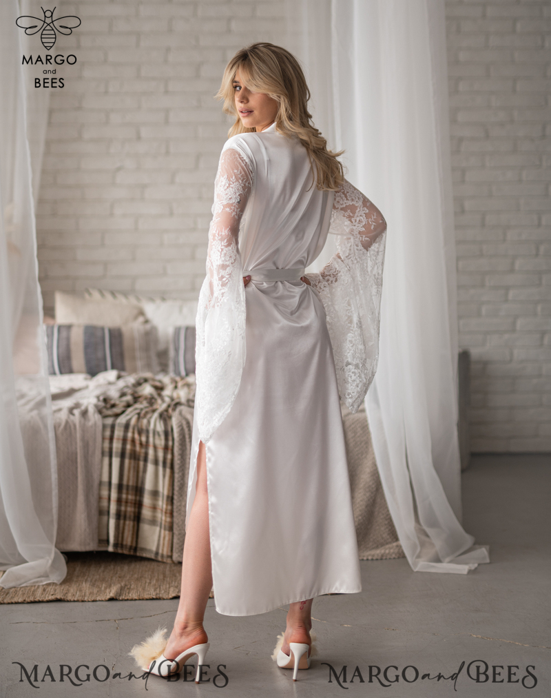 Personalised Satin Robes, Luxury Bride Dressing Gowns, Sexy Lace sleeves Wedding Robes, Get Ready Bridal Robes with name on it, Hen Party Lace Silk Robes -20