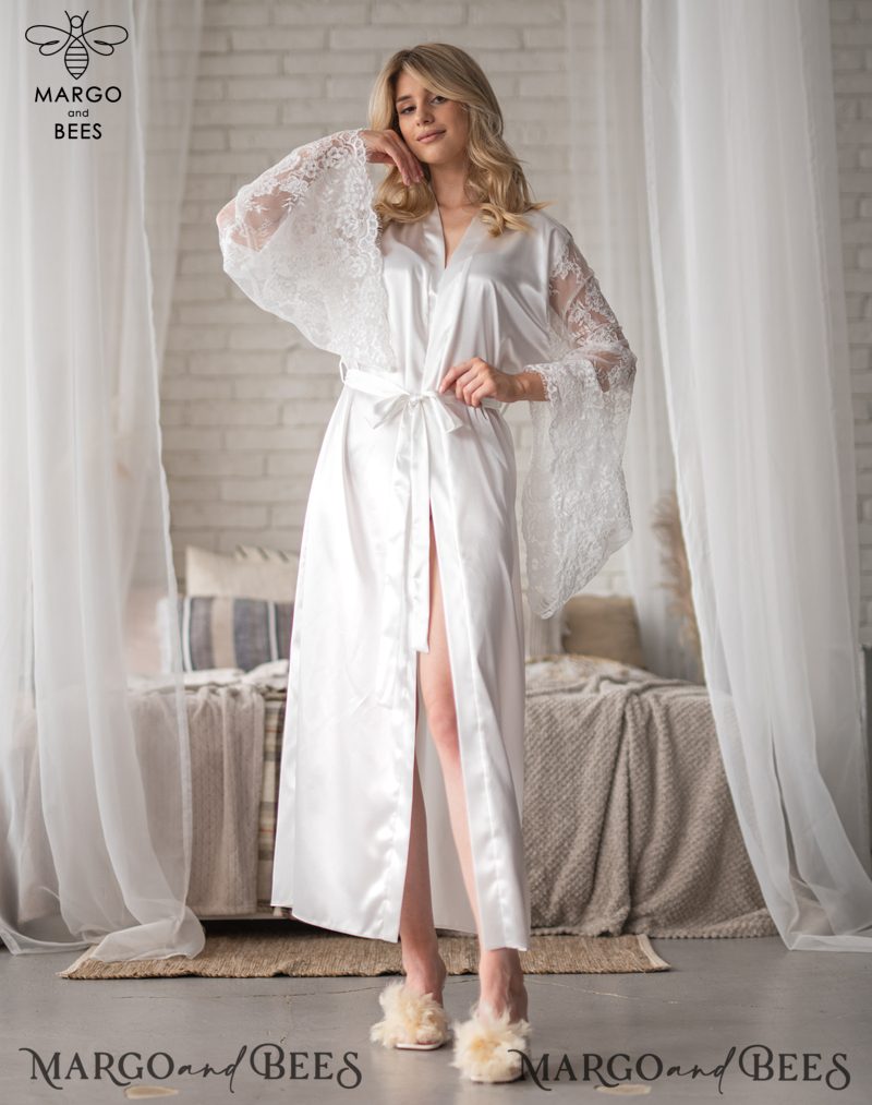 Personalised Satin Robes, Luxury Bride Dressing Gowns, Sexy Lace sleeves Wedding Robes, Get Ready Bridal Robes with name on it, Hen Party Lace Silk Robes -10