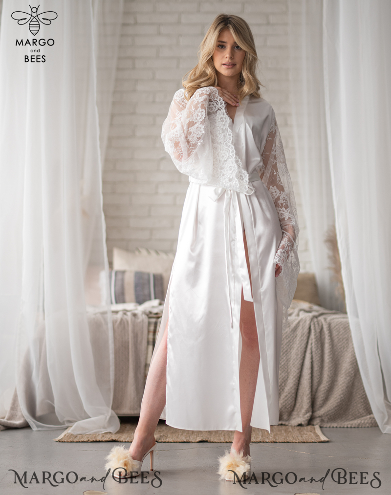 Personalised Satin Robes, Luxury Bride Dressing Gowns, Sexy Lace sleeves Wedding Robes, Get Ready Bridal Robes with name on it, Hen Party Lace Silk Robes -2