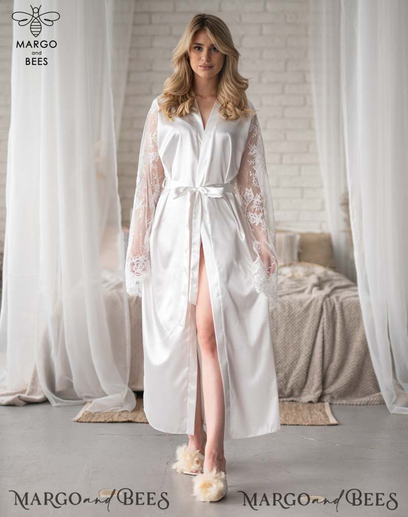 Personalised Satin Robes, Luxury Bride Dressing Gowns, Sexy Lace sleeves Wedding Robes, Get Ready Bridal Robes with name on it, Hen Party Lace Silk Robes -3