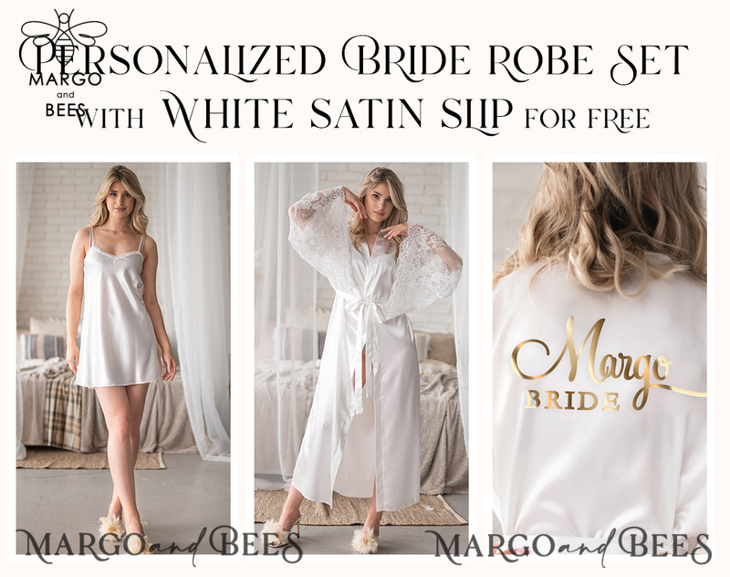 Personalised Satin Robes, Luxury Bride Dressing Gowns, Sexy Lace sleeves Wedding Robes, Get Ready Bridal Robes with name on it, Hen Party Lace Silk Robes -0