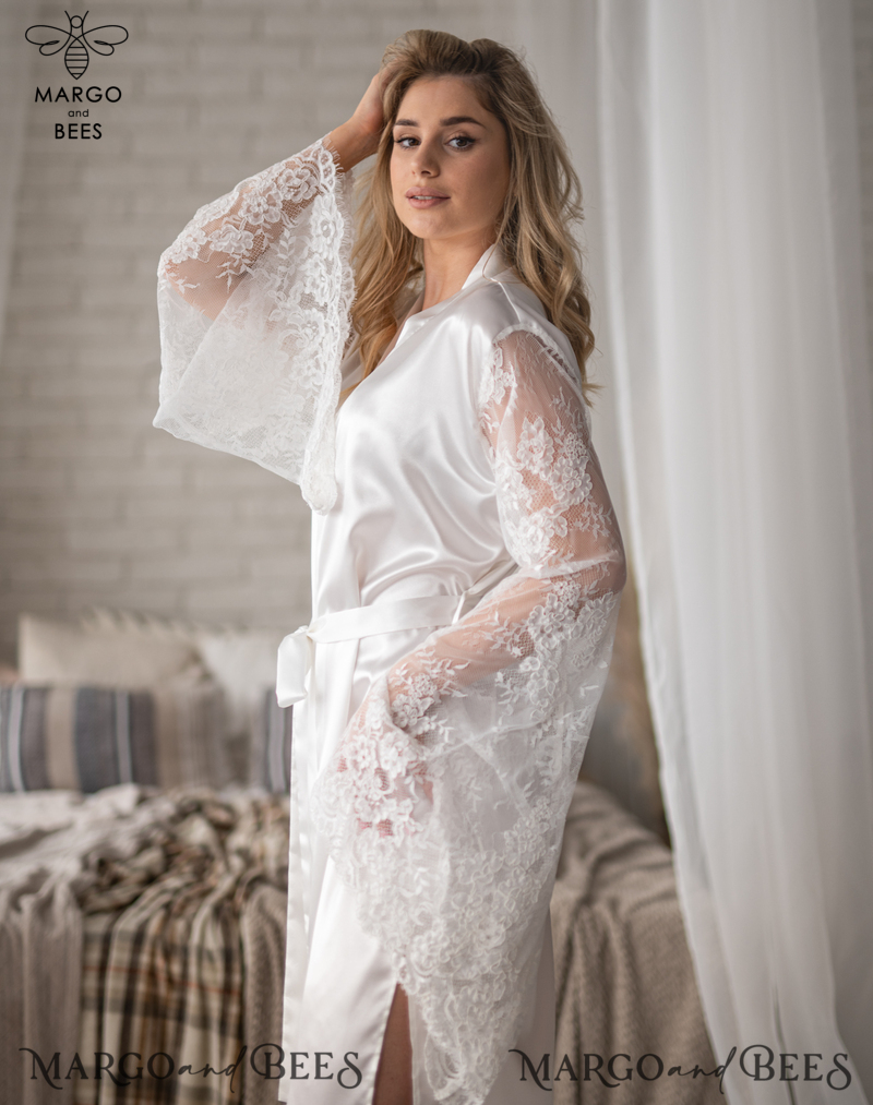 Personalised Satin Robes, Luxury Bride Dressing Gowns, Sexy Lace sleeves Wedding Robes, Get Ready Bridal Robes with name on it, Hen Party Lace Silk Robes -22