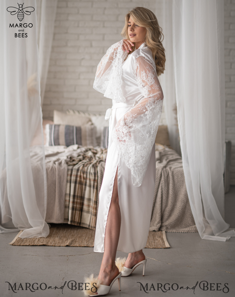 Personalised Satin Robes, Luxury Bride Dressing Gowns, Sexy Lace sleeves Wedding Robes, Get Ready Bridal Robes with name on it, Hen Party Lace Silk Robes -23