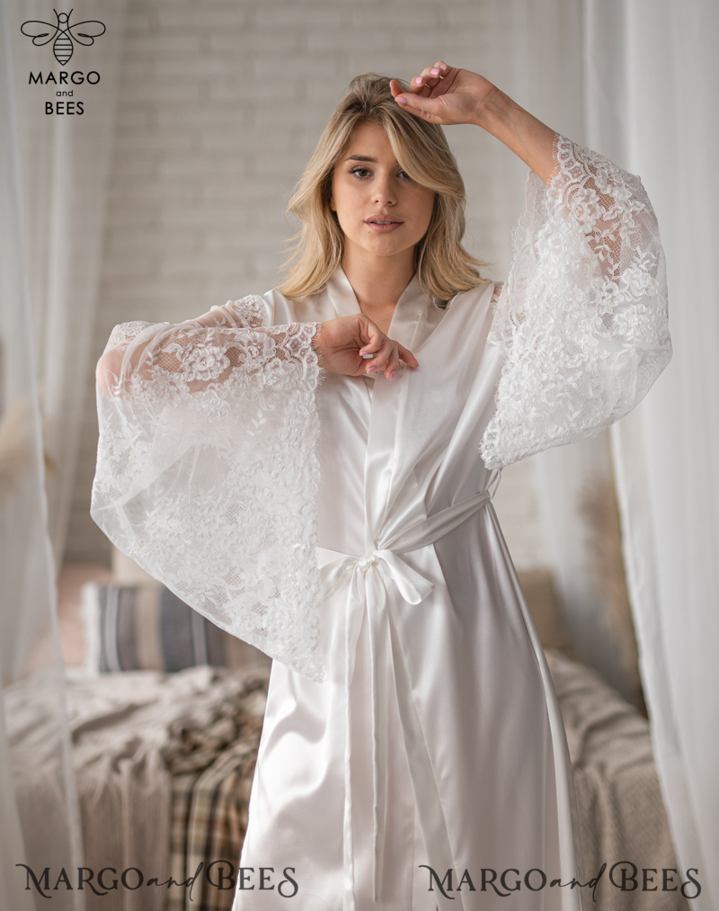 Personalised Satin Robes, Luxury Bride Dressing Gowns, Sexy Lace sleeves Wedding Robes, Get Ready Bridal Robes with name on it, Hen Party Lace Silk Robes -13