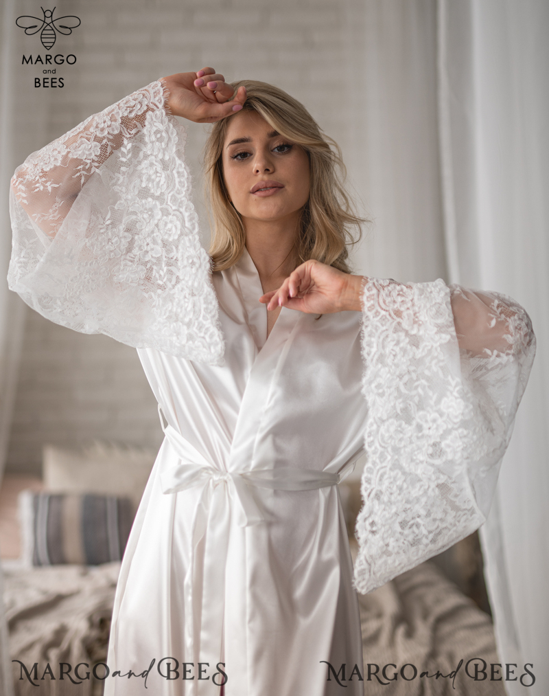 Personalised Satin Robes, Luxury Bride Dressing Gowns, Sexy Lace sleeves Wedding Robes, Get Ready Bridal Robes with name on it, Hen Party Lace Silk Robes -12
