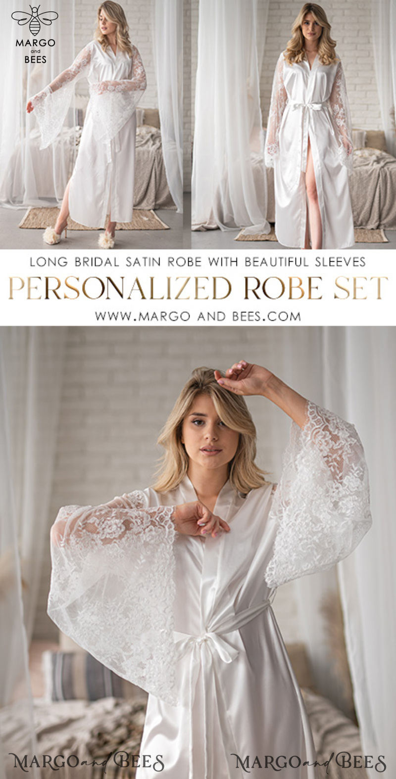 Personalised Satin Robes, Luxury Bride Dressing Gowns, Sexy Lace sleeves Wedding Robes, Get Ready Bridal Robes with name on it, Hen Party Lace Silk Robes -1