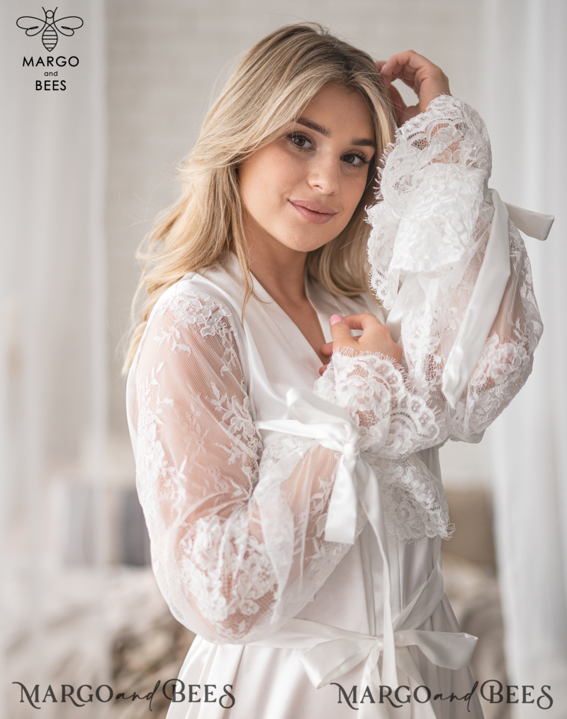 Personalised Satin Robes, Luxury Bride Dressing Gowns, Sexy sleeves Wedding Robes, Get Ready Bridal Robes with name on it , Hen Party Lace Silk Robes  Bridal Robe with lace puff sleeve and Nightgown Set, bridal robe kimono sleeve -7