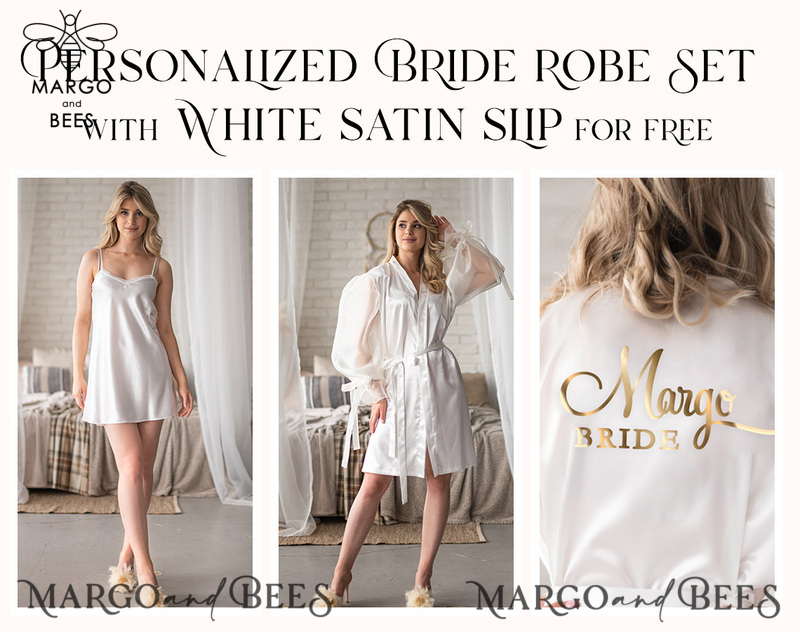  Custom bride robe and Nightgown Set, bridal robe puff long sleeve Sexy boudoir robe, bride set slip & robe, Robes for bride with name on it-0
