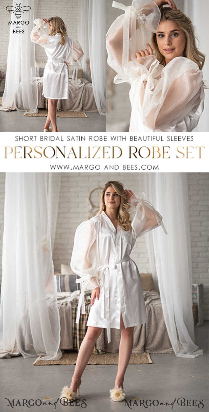  Custom bride robe and Nightgown Set, bridal robe puff long sleeve Sexy boudoir robe, bride set slip & robe, Robes for bride with name on it-1