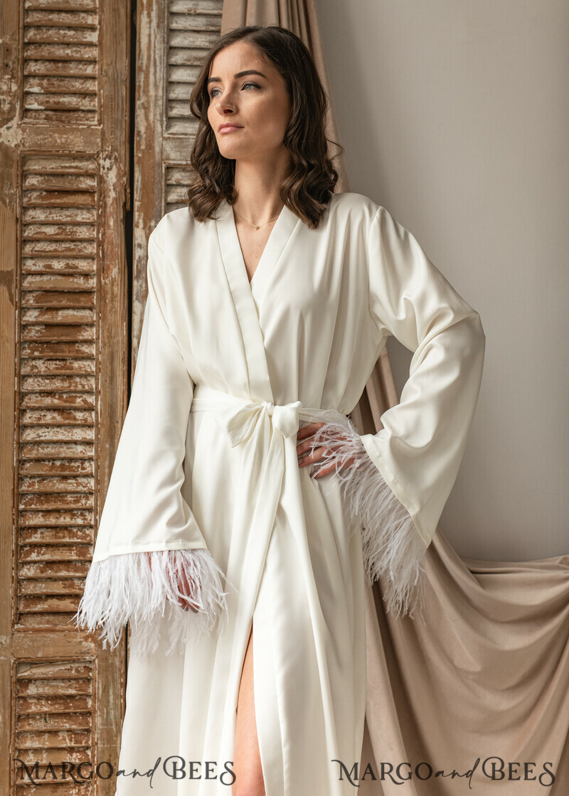 Bridal robe for wedding with kimono feathers sleeves Bride robe Long white or Ivory robe Satin silk boudoir robe Dressing gown-4