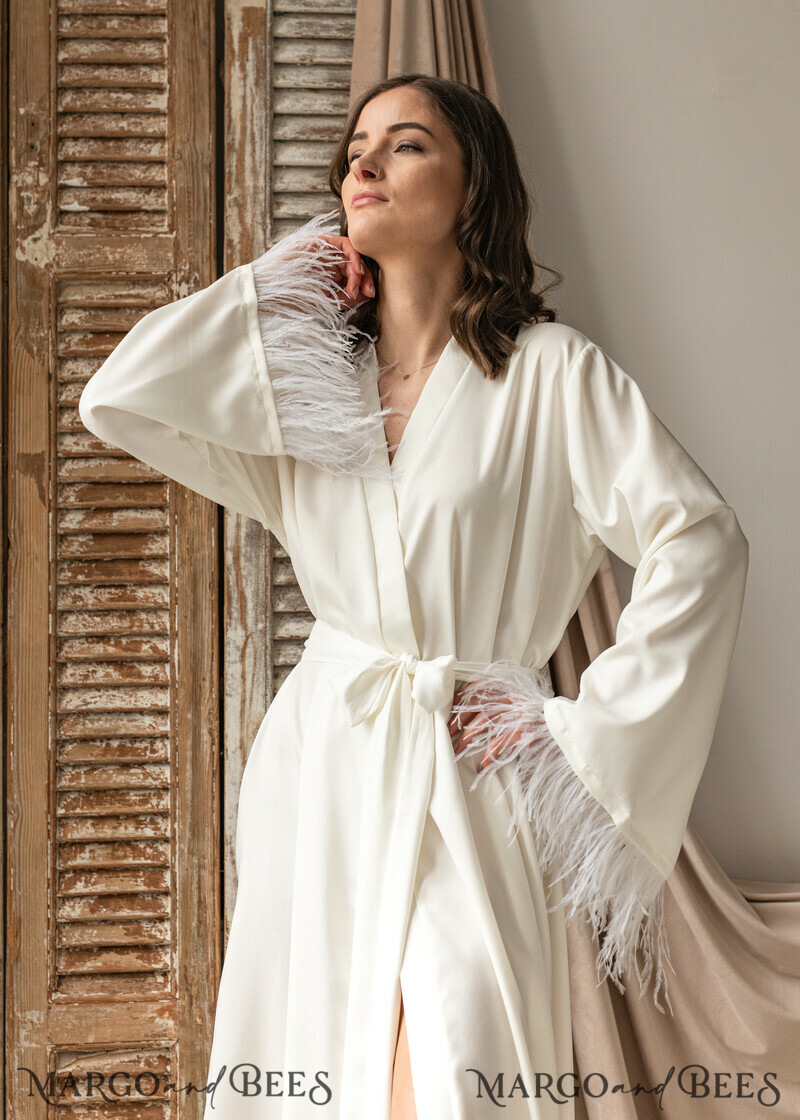 Bridal robe for wedding with kimono feathers sleeves Bride robe Long white or Ivory robe Satin silk boudoir robe Dressing gown-5