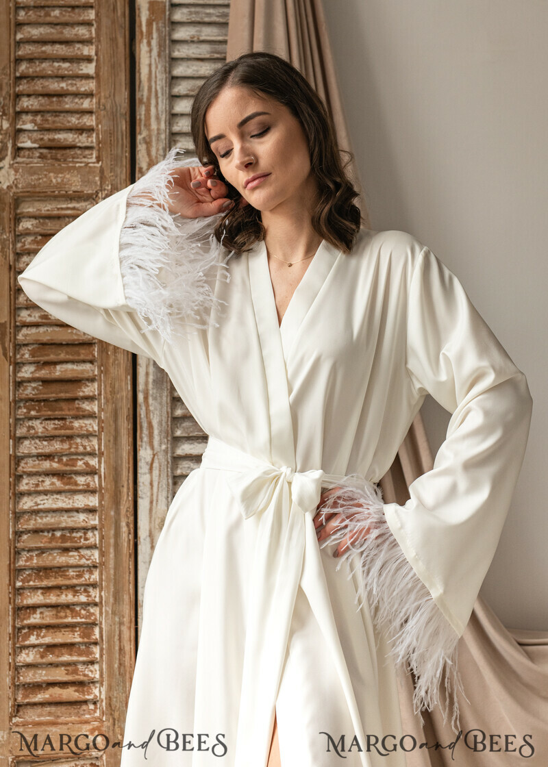 Bridal robe for wedding with kimono feathers sleeves Bride robe Long white or Ivory robe Satin silk boudoir robe Dressing gown-6