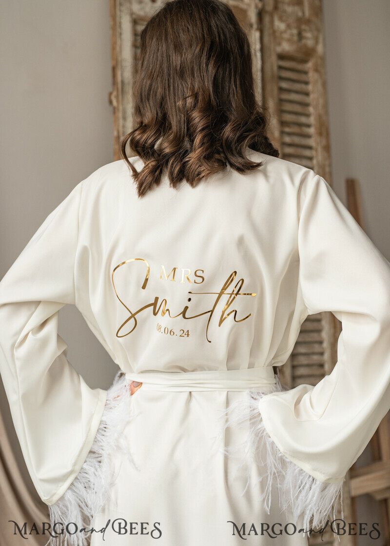 Bridal robe for wedding with kimono feathers sleeves Bride robe Long white or Ivory robe Satin silk boudoir robe Dressing gown-0