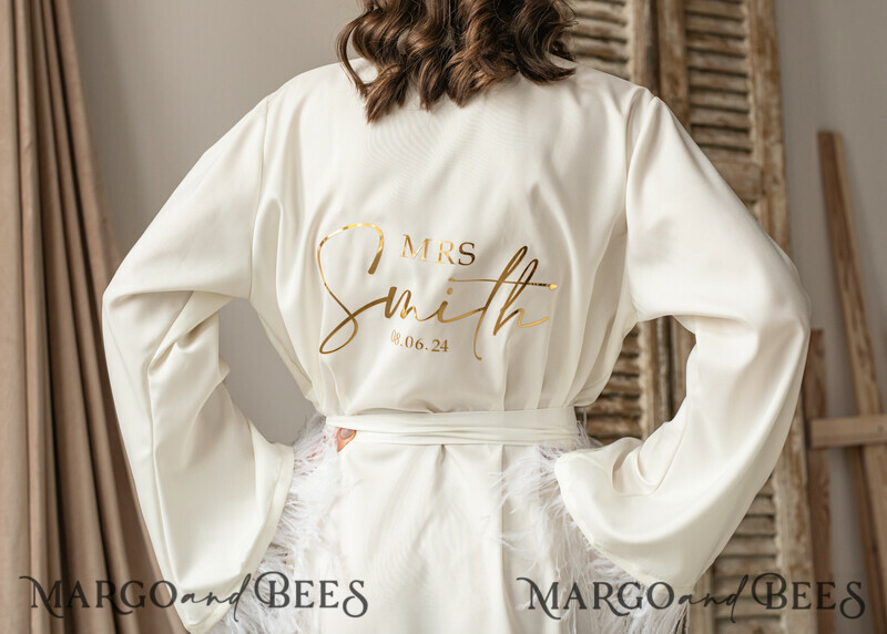 Bridal robe for wedding with kimono feathers sleeves Bride robe Long white or Ivory robe Satin silk boudoir robe Dressing gown-2