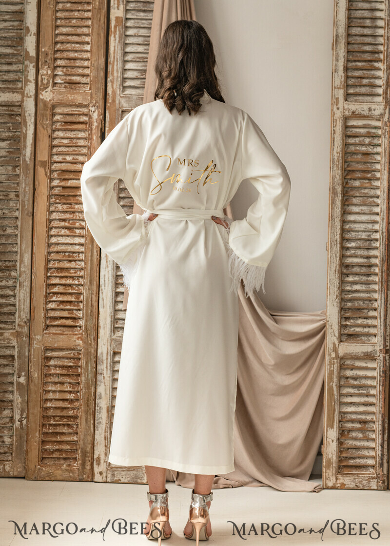 Bridal robe for wedding with kimono feathers sleeves Bride robe Long white or Ivory robe Satin silk boudoir robe Dressing gown-11