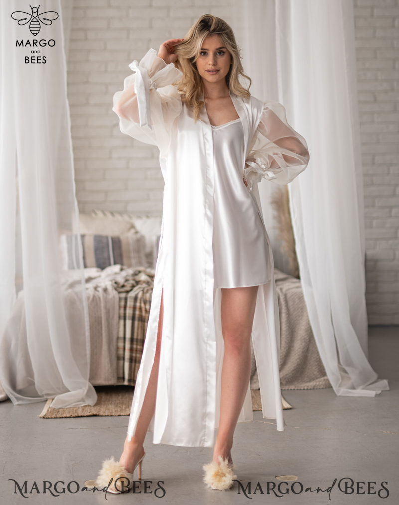 Personalised Satin Robes, Luxury Bride Dressing Gowns, Sexy sleeves Wedding Robes, Get Ready Bridal Robes with name on it , Hen Party puff tulle sleeve Silk Robes   Custom bride robe and Nightgown Set, bridal robe puff long sleeve Sexy boudoir robe, -5