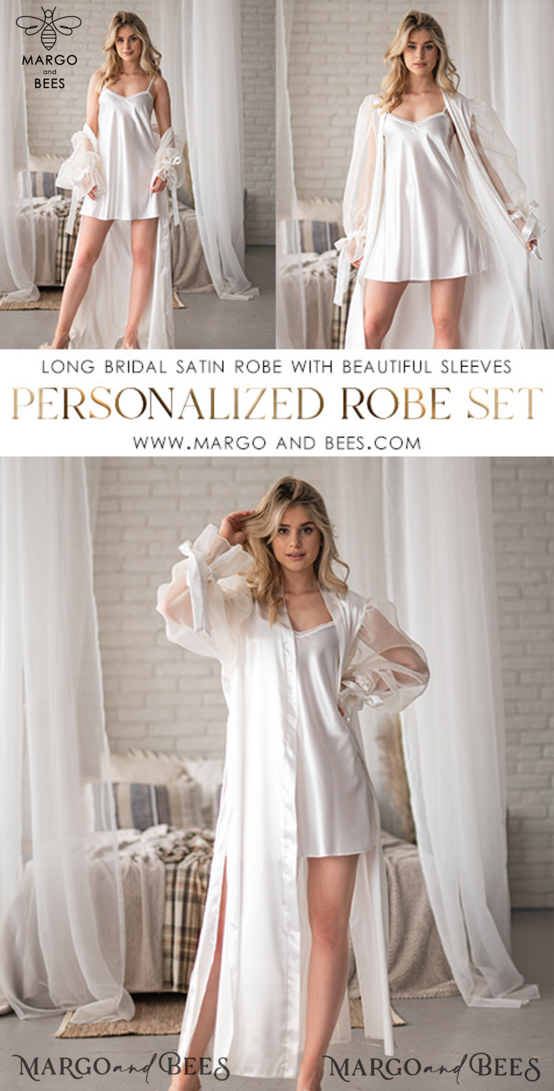 Personalised Satin Robes, Luxury Bride Dressing Gowns, Sexy sleeves Wedding Robes, Get Ready Bridal Robes with name on it , Hen Party puff tulle sleeve Silk Robes   Custom bride robe and Nightgown Set, bridal robe puff long sleeve Sexy boudoir robe, -1