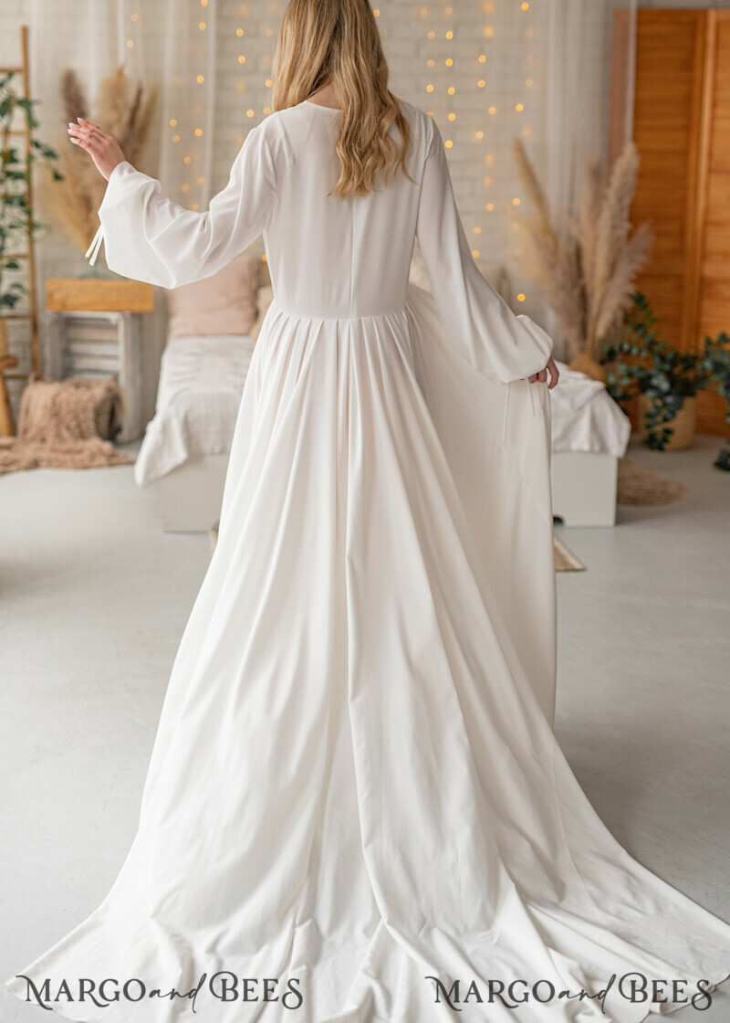 Long Bridal robe for wedding with Train, Robe wide sleeves, Silk Bride robe Long-11