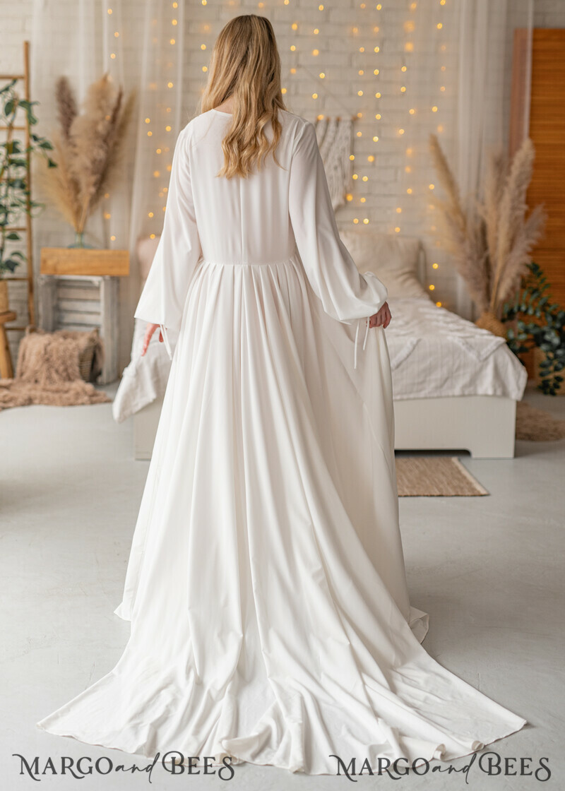 Long Bridal robe for wedding with Train, Robe wide sleeves, Silk Bride robe Long-12