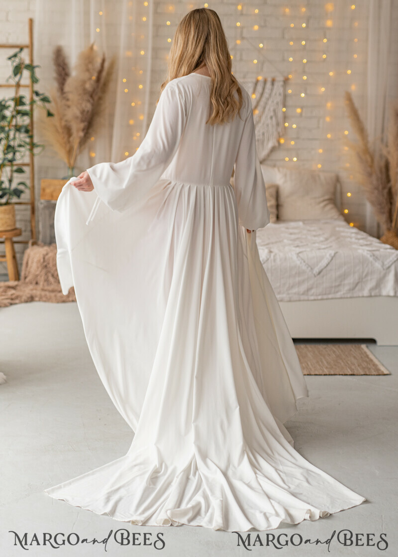 Long Bridal robe for wedding with Train, Robe wide sleeves, Silk Bride robe Long-13