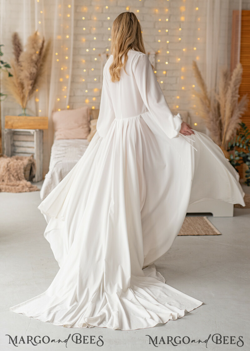 Long Bridal robe for wedding with Train, Robe wide sleeves, Silk Bride robe Long-14