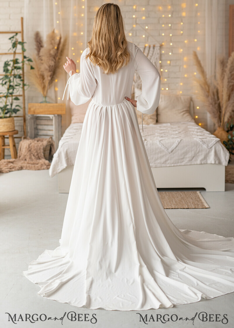 Long Bridal robe for wedding with Train, Robe wide sleeves, Silk Bride robe Long-15