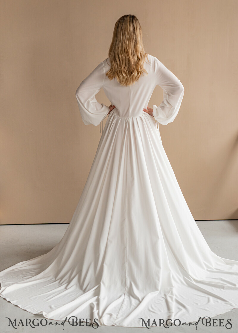 Long Bridal robe for wedding with Train, Robe wide sleeves, Silk Bride robe Long-16