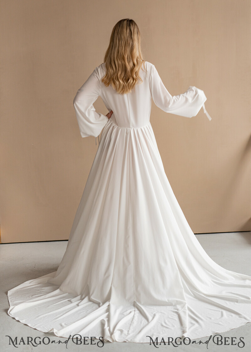 Long Bridal robe for wedding with Train, Robe wide sleeves, Silk Bride robe Long-17