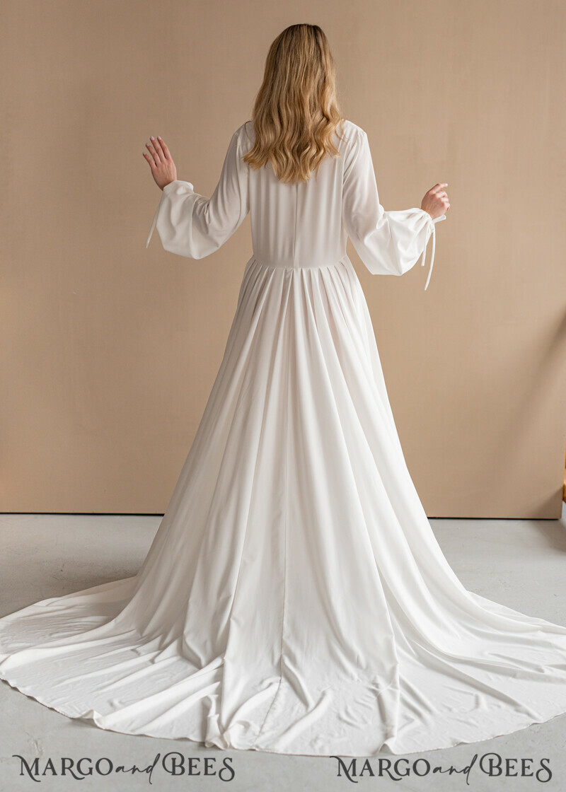 Long Bridal robe for wedding with Train, Robe wide sleeves, Silk Bride robe Long-18