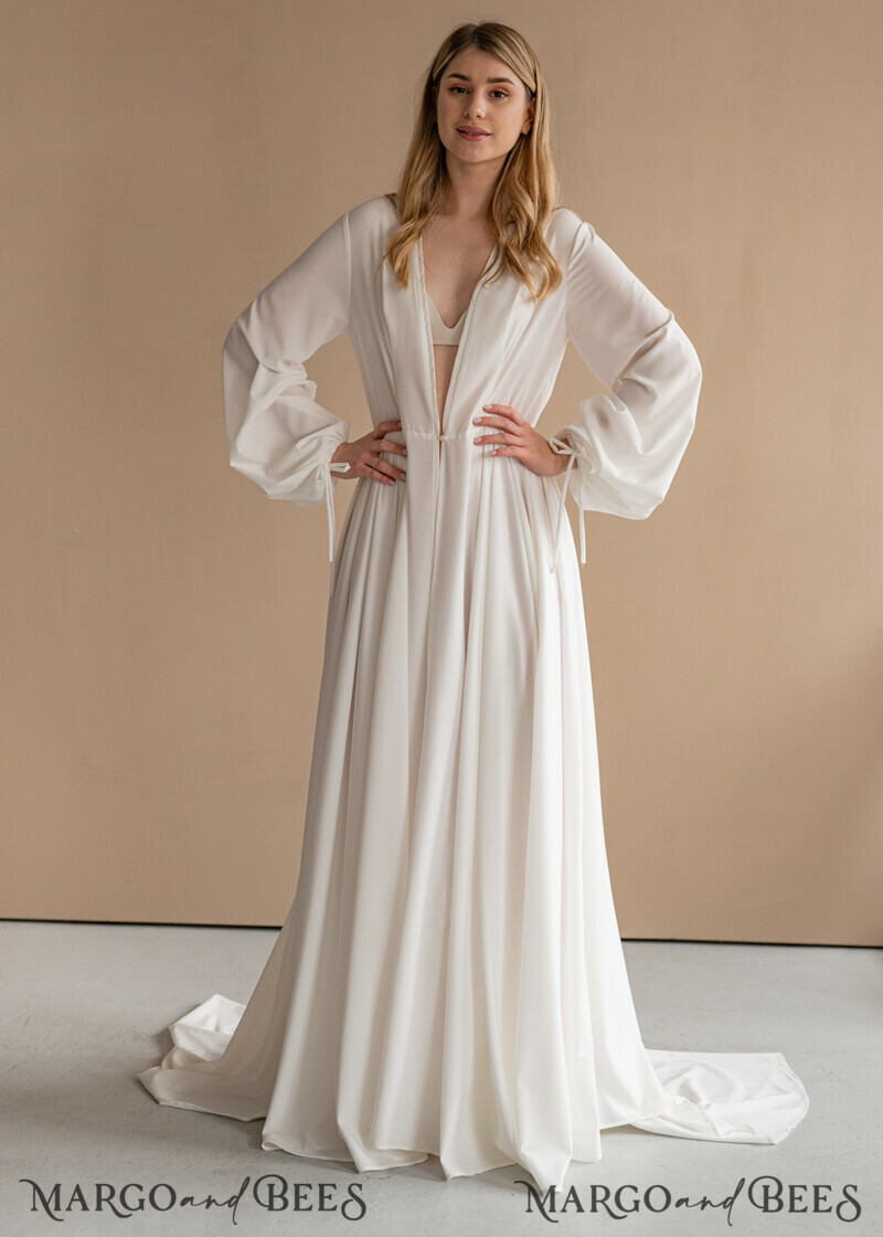 Long Bridal robe for wedding with Train, Robe wide sleeves, Silk Bride robe Long-20