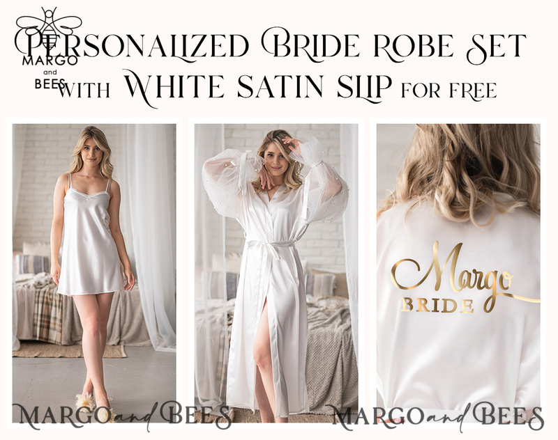 Custom bride robe & Nightgown Set, Long bridal robe with tulle, Custom Sexy boudoir robe, maxi bride puff sleeve get ready robe, hen party-0