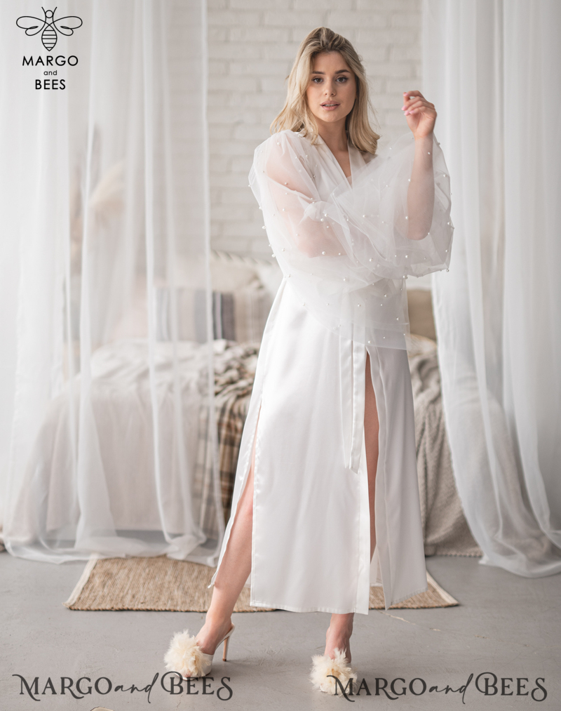 Bridal Robe with tulle and Nightgown Set, bridal robe kimono tulle sleeve Sexy boudoir robe, wedding set slip, Robes for bride with name on it Personalised Satin Robes, Luxury Bride Dressing Gowns, Sexy sleeves Wedding Robes, Get Ready Bridal Robes with name on it , Hen Party Silk Robes with tulle-2