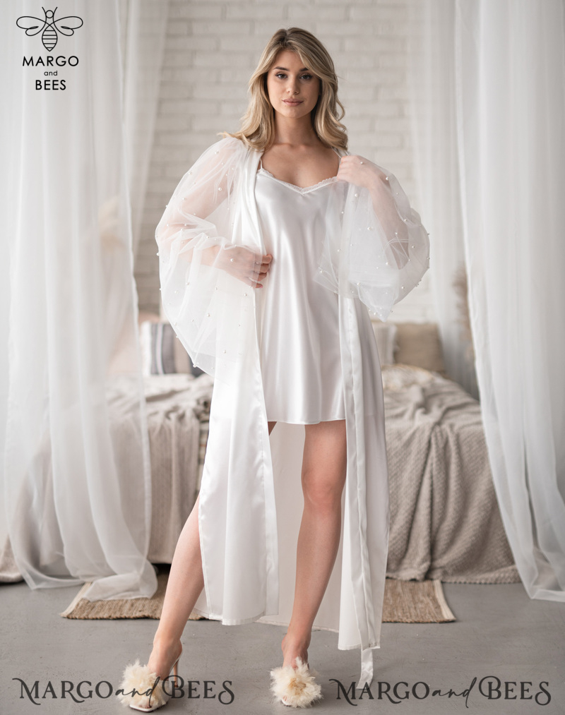 Bridal Robe with tulle and Nightgown Set, bridal robe kimono tulle sleeve Sexy boudoir robe, wedding set slip, Robes for bride with name on it Personalised Satin Robes, Luxury Bride Dressing Gowns, Sexy sleeves Wedding Robes, Get Ready Bridal Robes with name on it , Hen Party Silk Robes with tulle-11