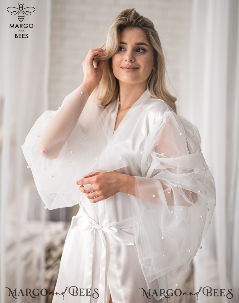 Bridal Robe with tulle and Nightgown Set, bridal robe kimono tulle sleeve Sexy boudoir robe, wedding set slip, Robes for bride with name on it Personalised Satin Robes, Luxury Bride Dressing Gowns, Sexy sleeves Wedding Robes, Get Ready Bridal Robes with name on it , Hen Party Silk Robes with tulle-6