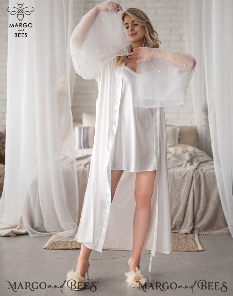 Bridal Robe with tulle and Nightgown Set, bridal robe kimono tulle sleeve Sexy boudoir robe, wedding set slip, Robes for bride with name on it Personalised Satin Robes, Luxury Bride Dressing Gowns, Sexy sleeves Wedding Robes, Get Ready Bridal Robes with name on it , Hen Party Silk Robes with tulle-12