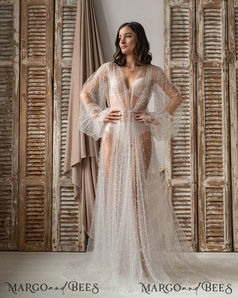 New fashion trend - boudoir dressing gown with pearls for a wedding session. Tulle with pearls Long Bridal robe for wedding, Tulle Beaded Robe wide sleeves, Bride robe Long white or ivory robe, boudoir robe Dressing gown Bridesmaid gift-2