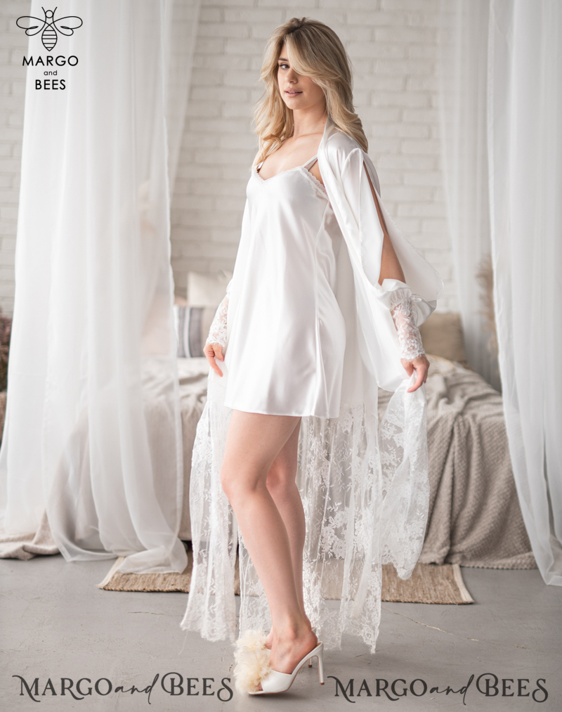 Bride robe White boudoir robe Long silk robe Bridal lace robe Dres-4
