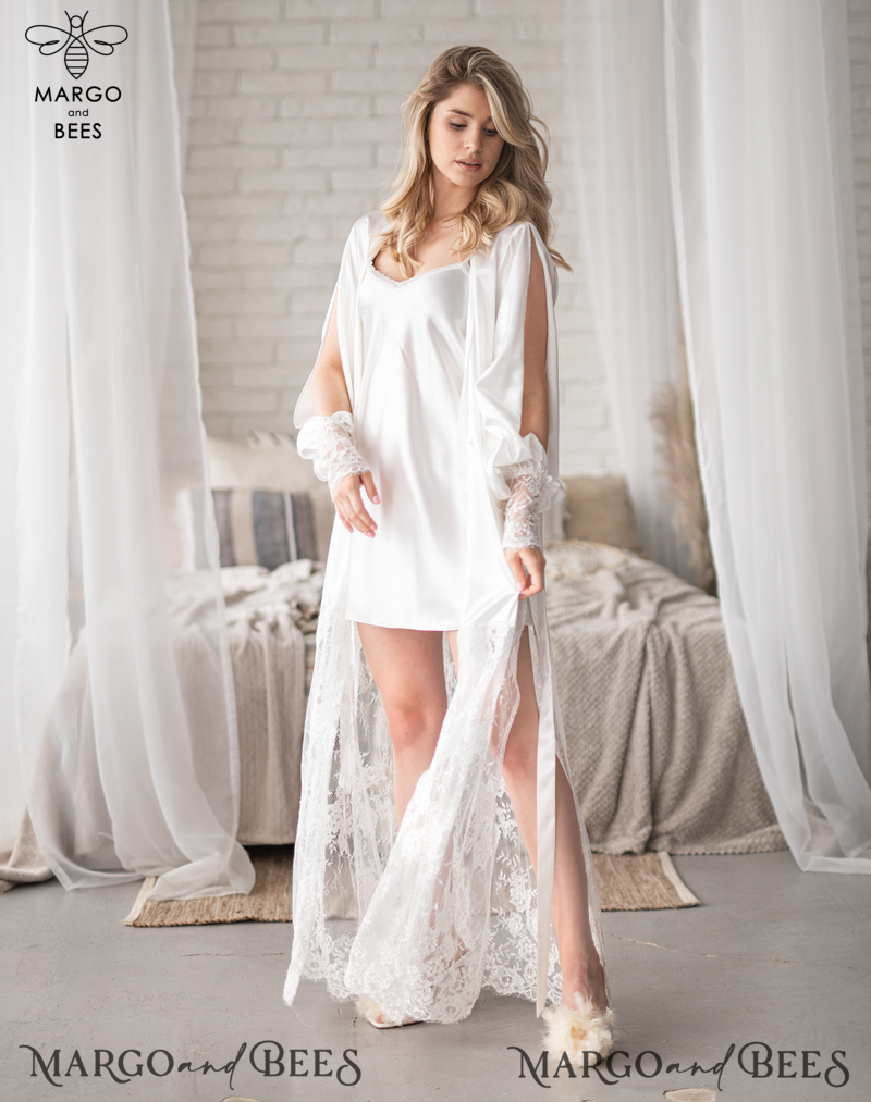 Bride robe White boudoir robe Long silk robe Bridal lace robe Dres-6