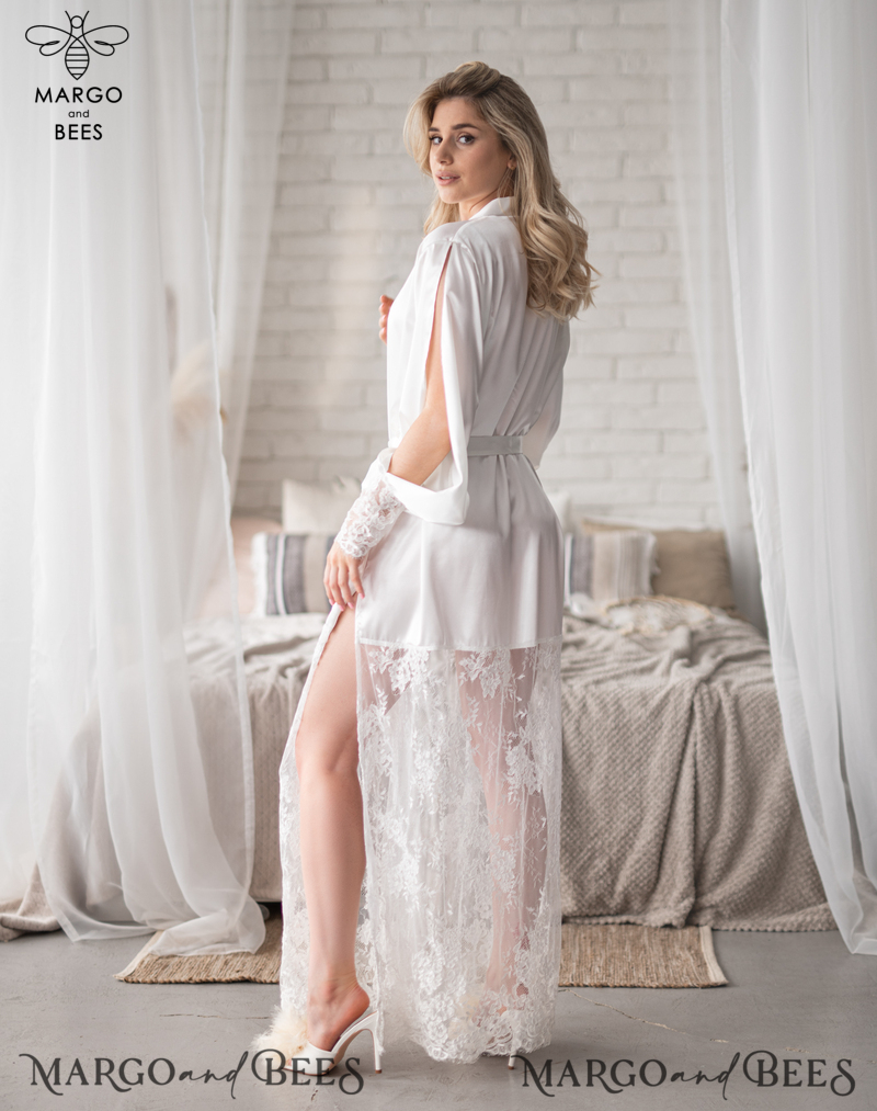 Bride robe White boudoir robe Long silk robe Bridal lace robe Dres-16