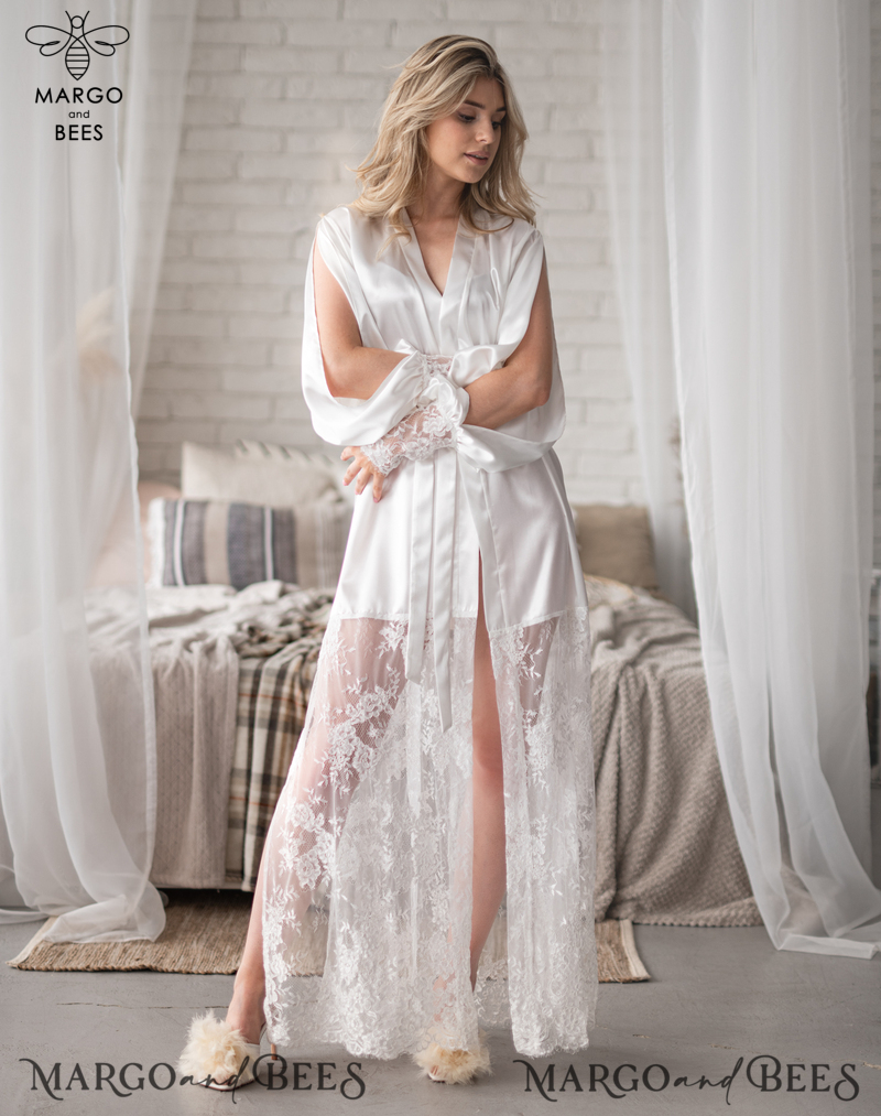 Bride robe White boudoir robe Long silk robe Bridal lace robe Dres-26