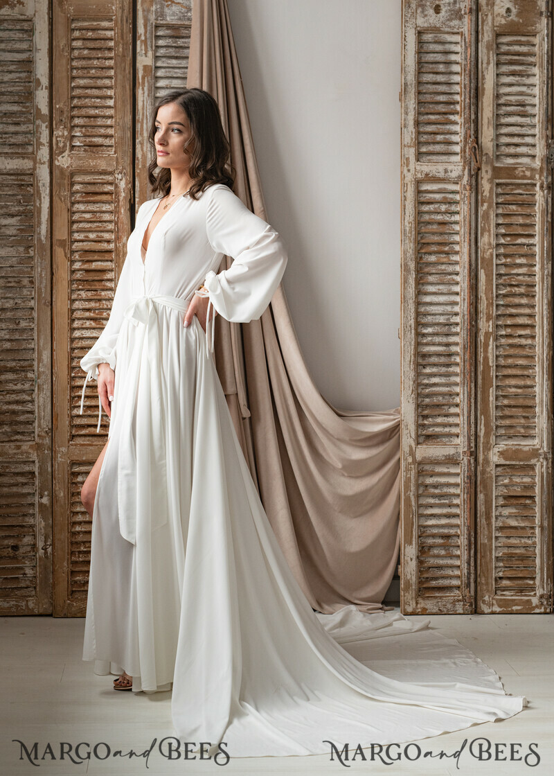 Long Bridal robe for wedding with Train, Robe wide sleeves, Silk Bride robe Long white robe silky boudoir robe Dressing gown Bridesmaid gift-2