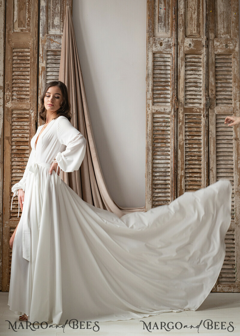 Long Bridal robe for wedding with Train, Robe wide sleeves, Silk Bride robe Long white robe silky boudoir robe Dressing gown Bridesmaid gift-4