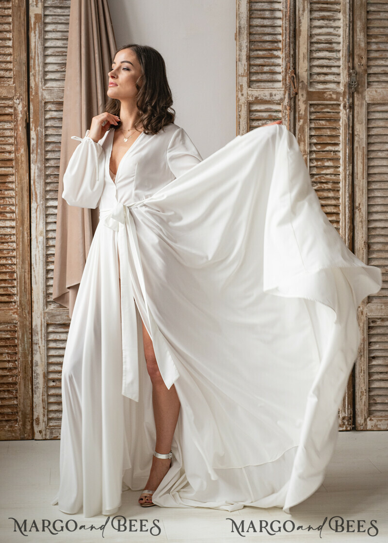 Long Bridal robe for wedding with Train, Robe wide sleeves, Silk Bride robe Long white robe silky boudoir robe Dressing gown Bridesmaid gift-8