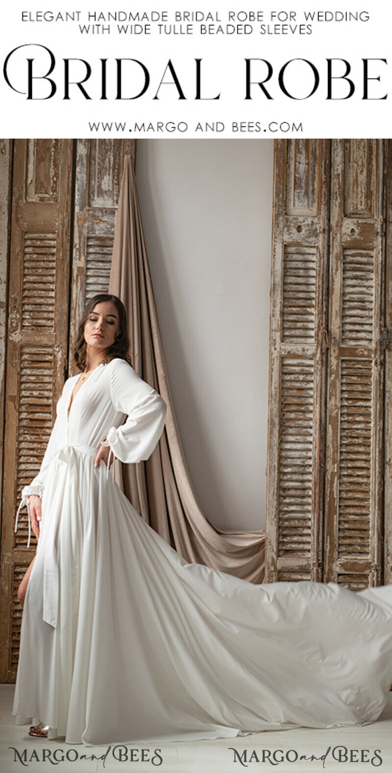 Long Bridal robe for wedding with Train, Robe wide sleeves, Silk Bride robe Long white robe silky boudoir robe Dressing gown Bridesmaid gift-6