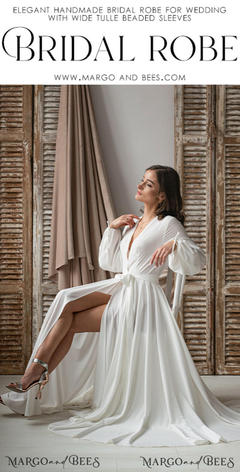 Long Bridal robe for wedding with Train, Robe wide sleeves, Silk Bride robe Long white robe silky boudoir robe Dressing gown Bridesmaid gift-16
